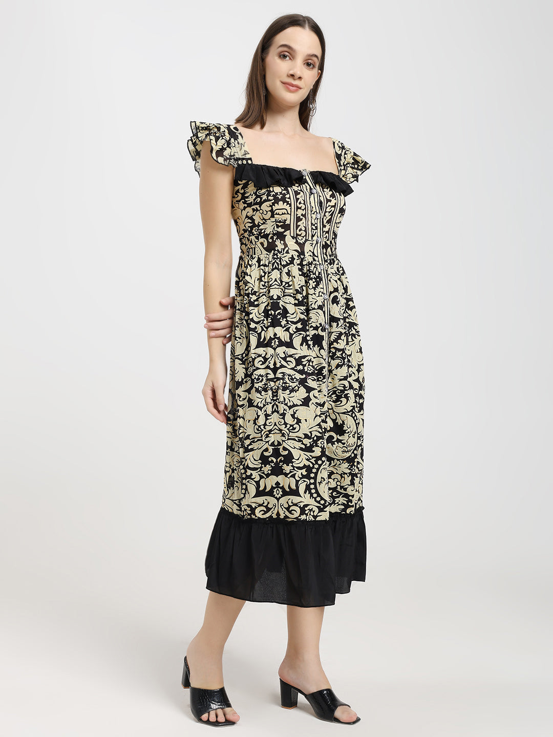Baroque Print Midi Dress with Ruffle Sleeves & Slit