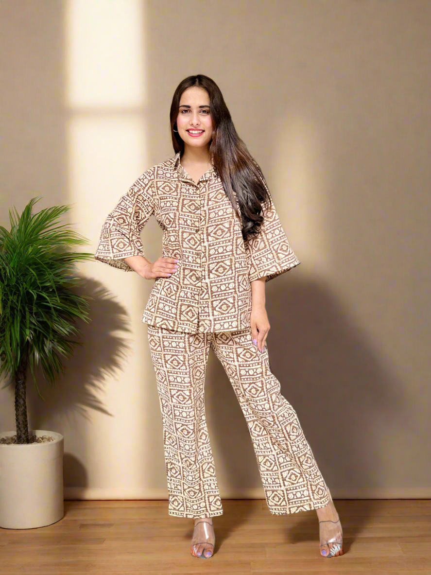 Brown Printed Cotton Coord Set