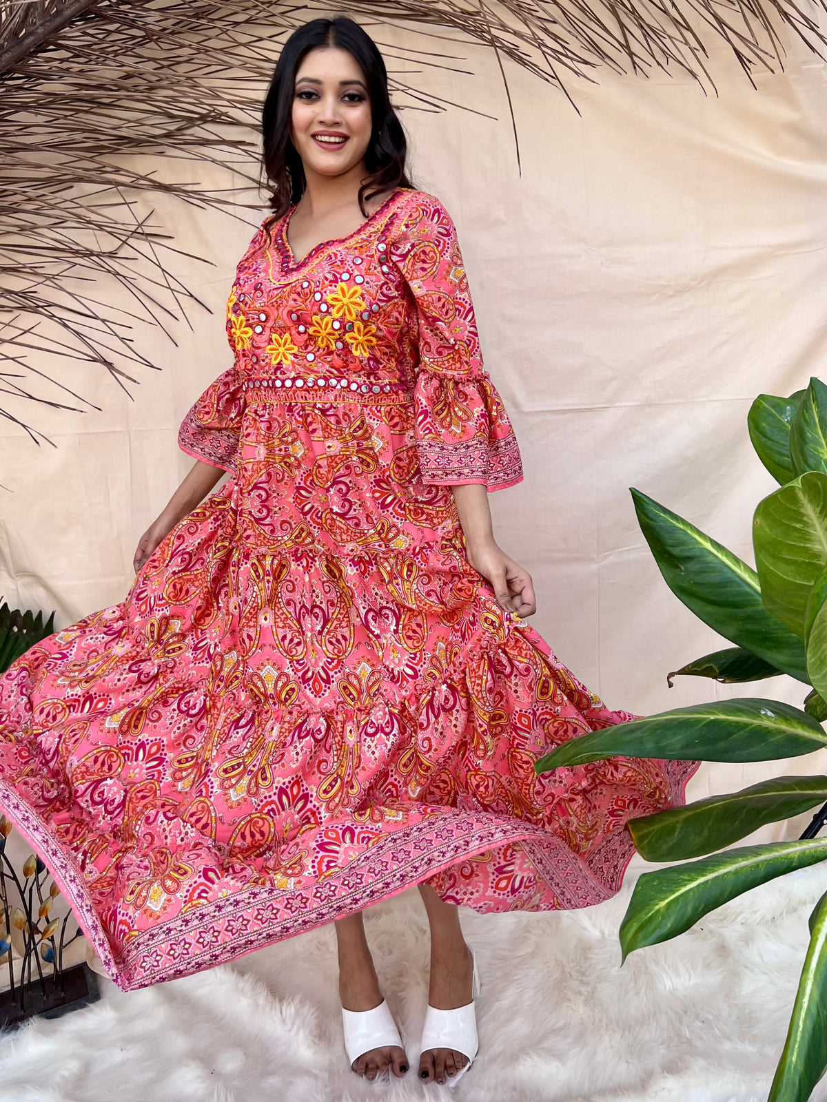 Peach Embroidered Boho Maxi Dress