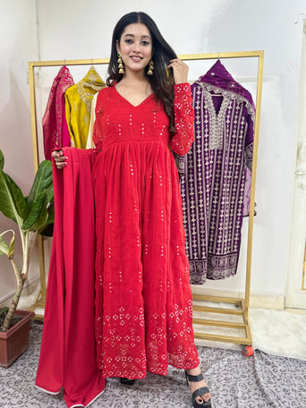 Sequin Work Red Anarkali Kurta Set