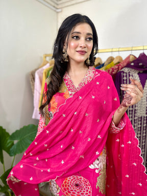 Pink Floral Muslin Kurta Set