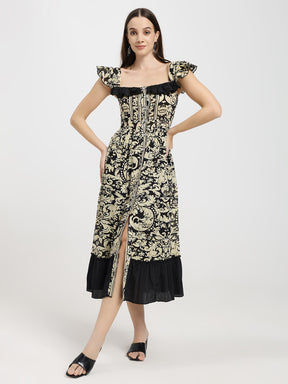 Baroque Print Midi Dress with Ruffle Sleeves & Slit