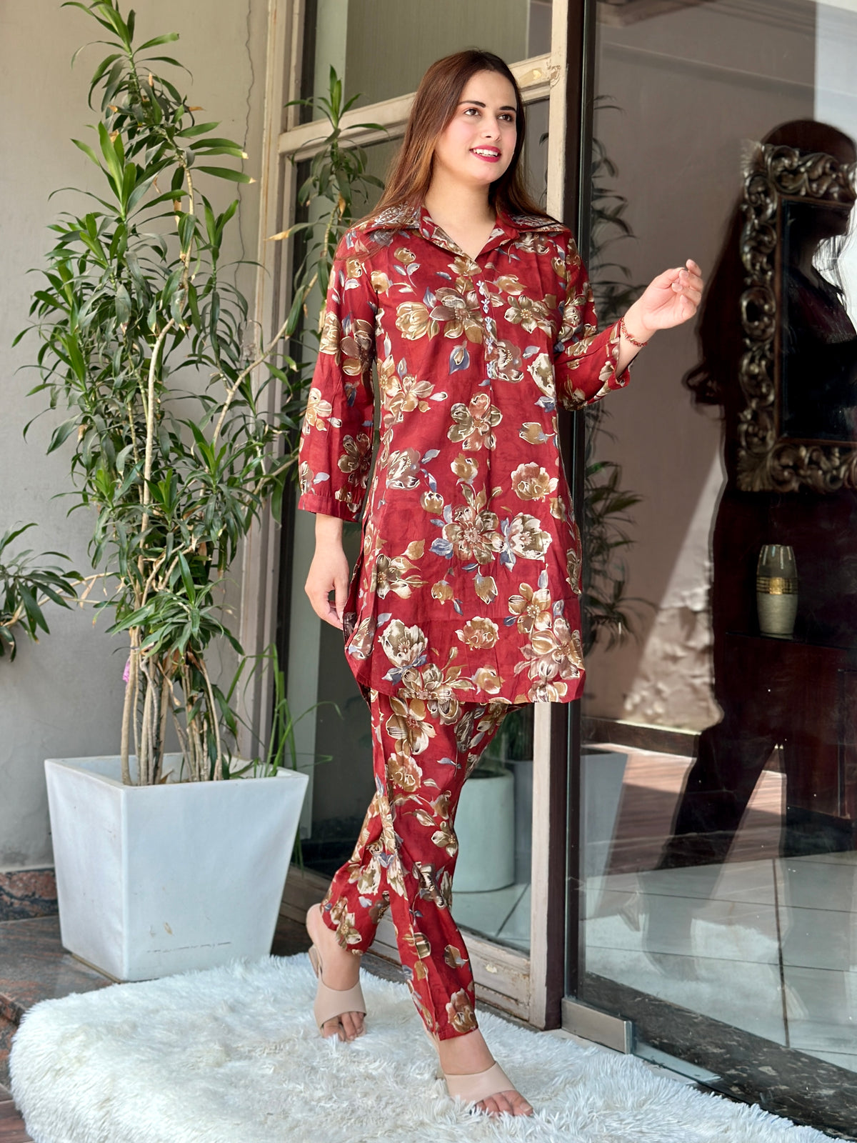 Maroon Embroidered Collar Coord Set