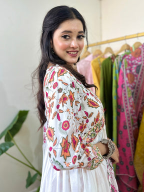 White and Pink Cotton Anarkali Kurta Set