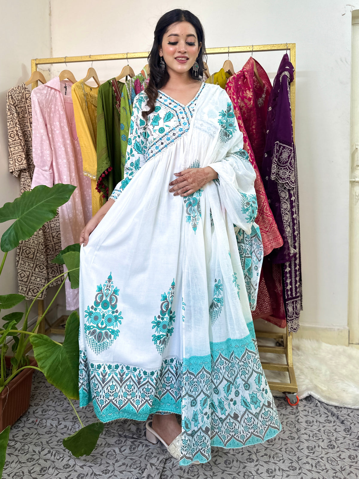 White and Blue Cotton Anarkali Kurta Set