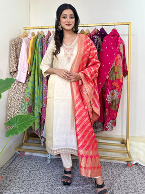 Shiny Beige Color Kurta Set with Red Dupatta