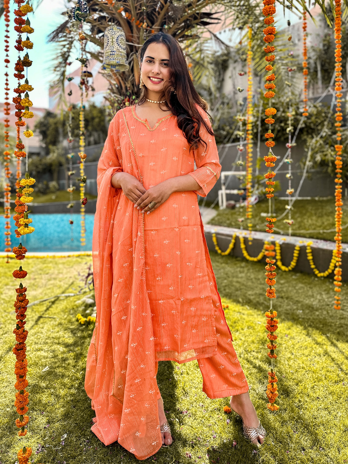 Orange Lurex Straight Fit Suit Set