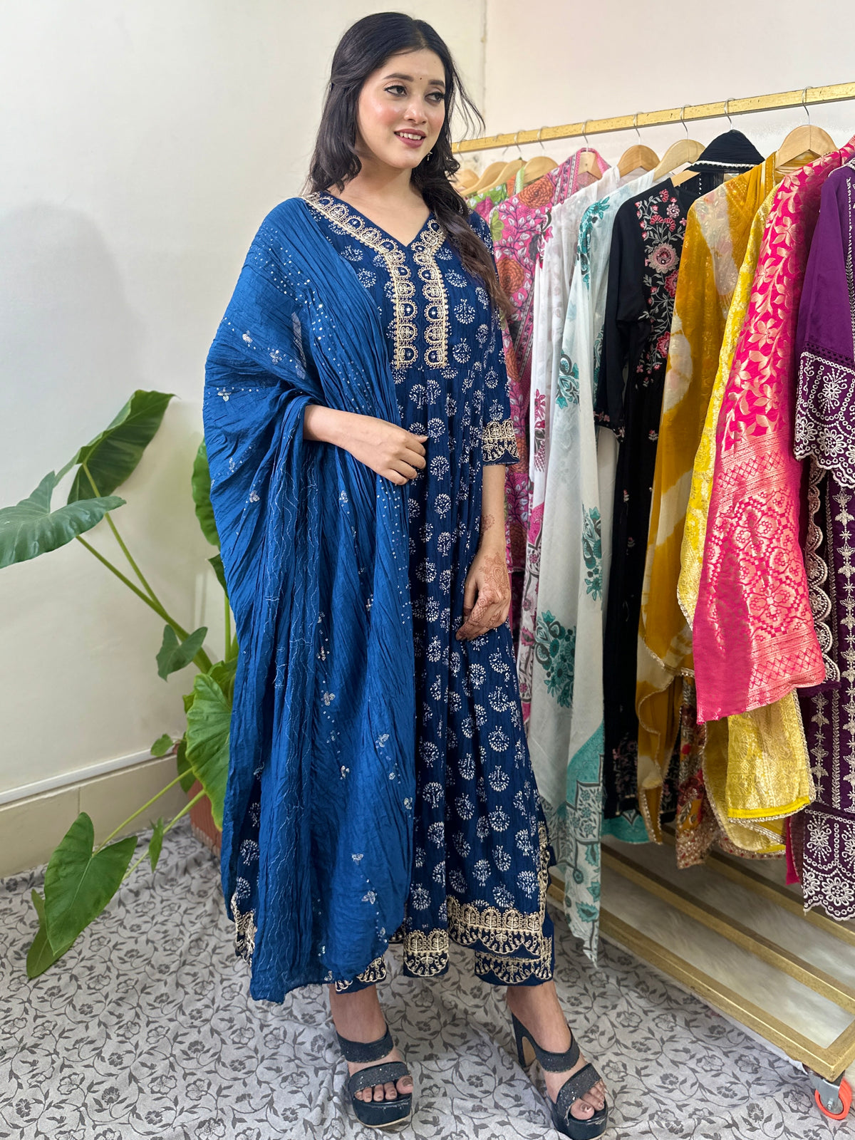 Blue Cotton Printed Anarkali Kurta Set