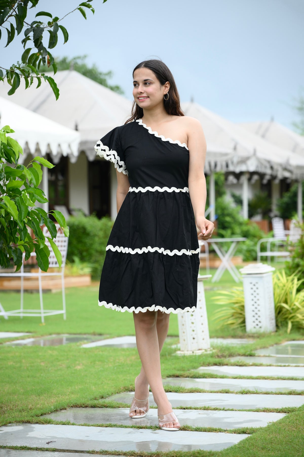 Black One Shoulder Ric Rac Ruffle Dress