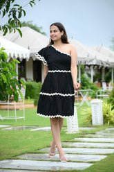 Black One Shoulder Ric Rac Ruffle Dress