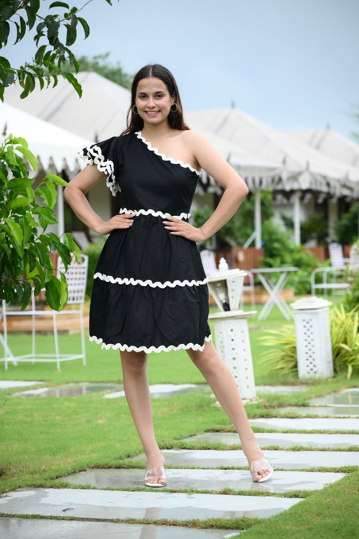 Black One Shoulder Ric Rac Ruffle Dress