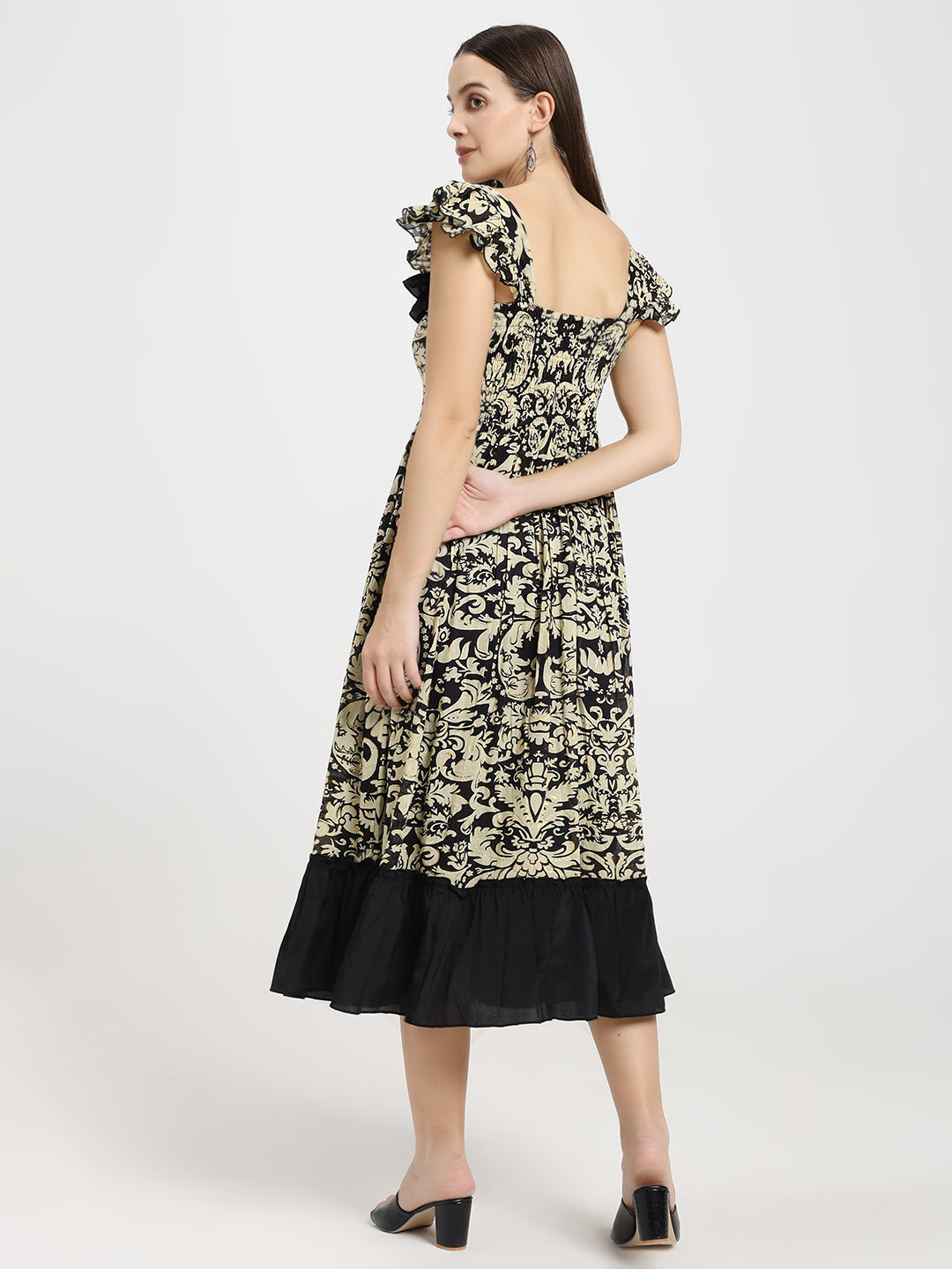 Baroque Print Midi Dress with Ruffle Sleeves & Slit