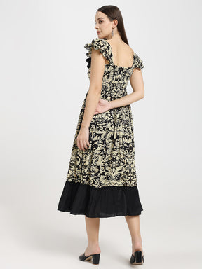Baroque Print Midi Dress with Ruffle Sleeves & Slit