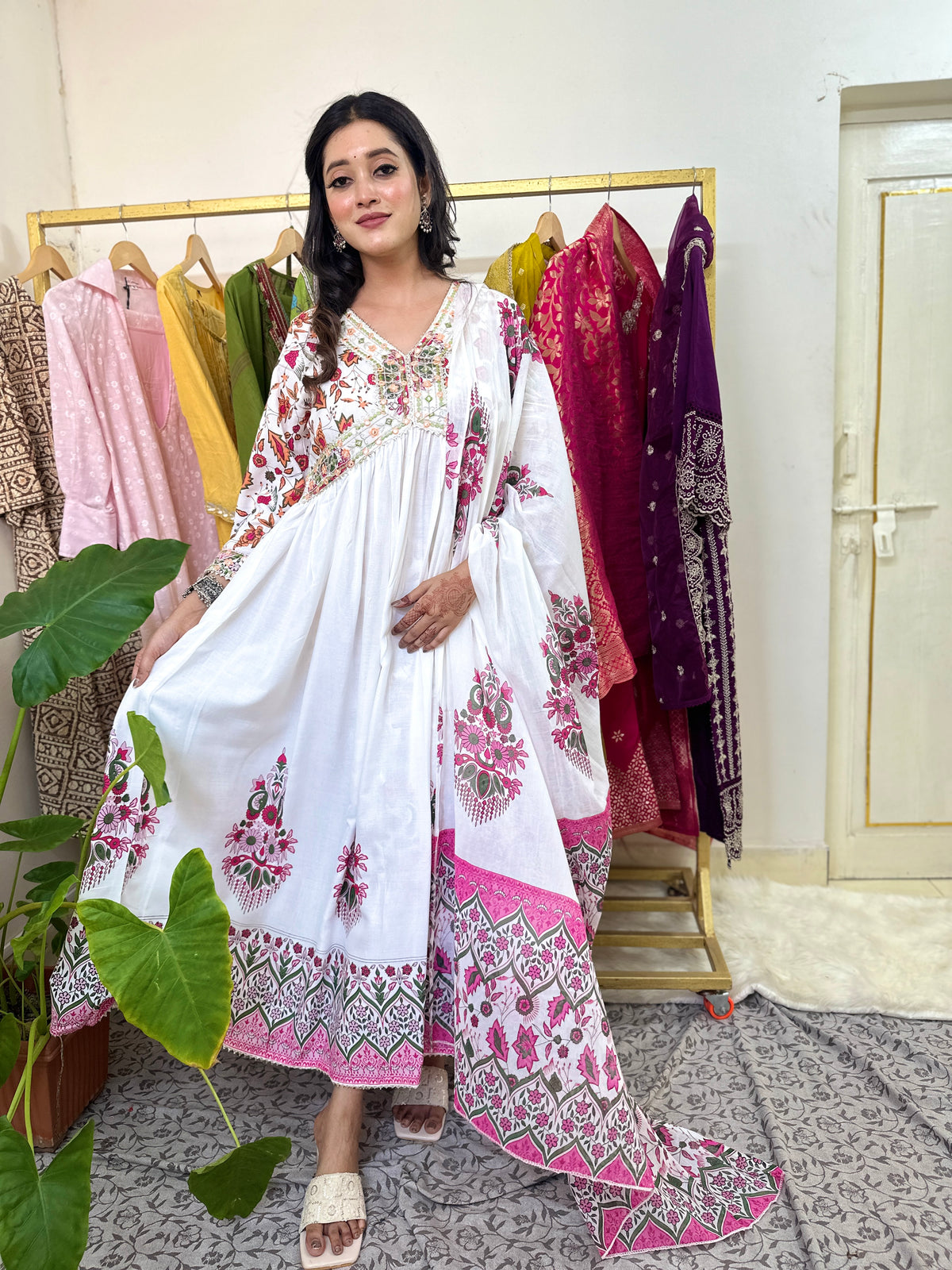 White and Pink Cotton Anarkali Kurta Set