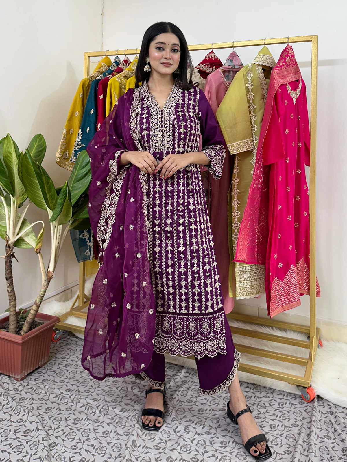 Purple Lace Work Kurta Set