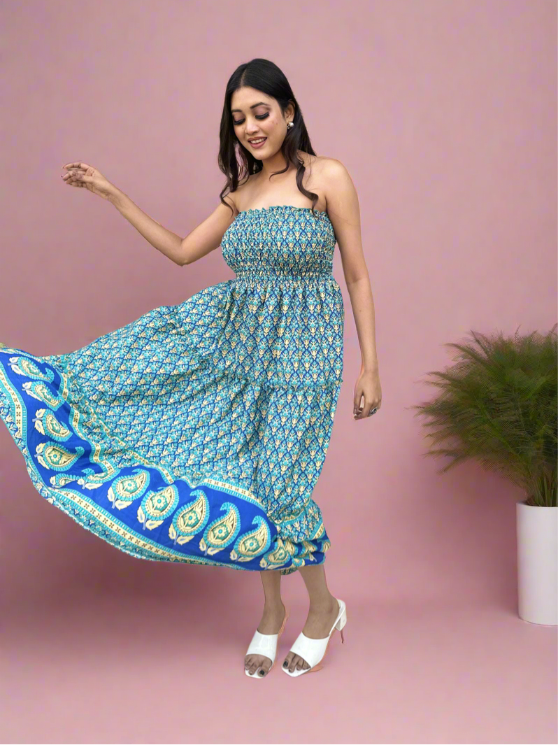 Blue Shoulder Less Boho Maxi Dress