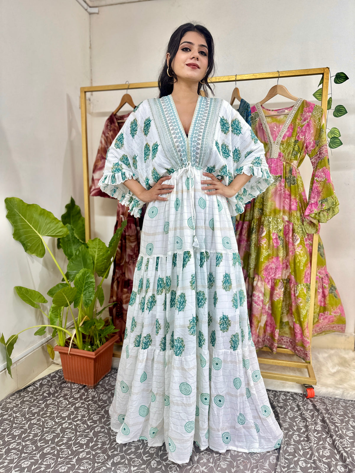 Kaftan Pattern Boho White Maxi Dress