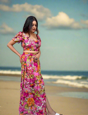 Pink Floral Printed Crop Top Skirt Set