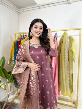 Purple Heavy work Kurta Set with Jacquard Dupatta