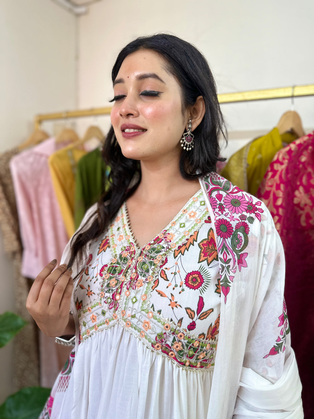 White and Pink Cotton Anarkali Kurta Set
