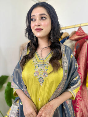 Lime Yellow Kurta Set with Grey Dupatta