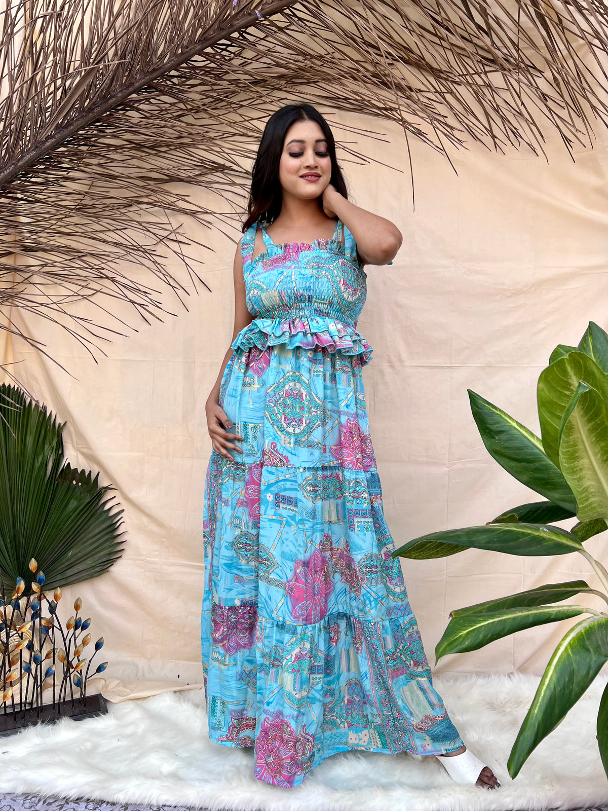 Blue Tie-Strap Boho Maxi Dress