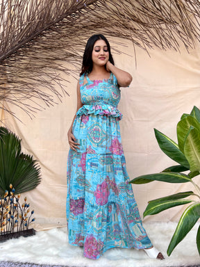 Blue Tie-Strap Boho Maxi Dress