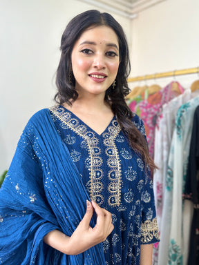Blue Cotton Printed Anarkali Kurta Set