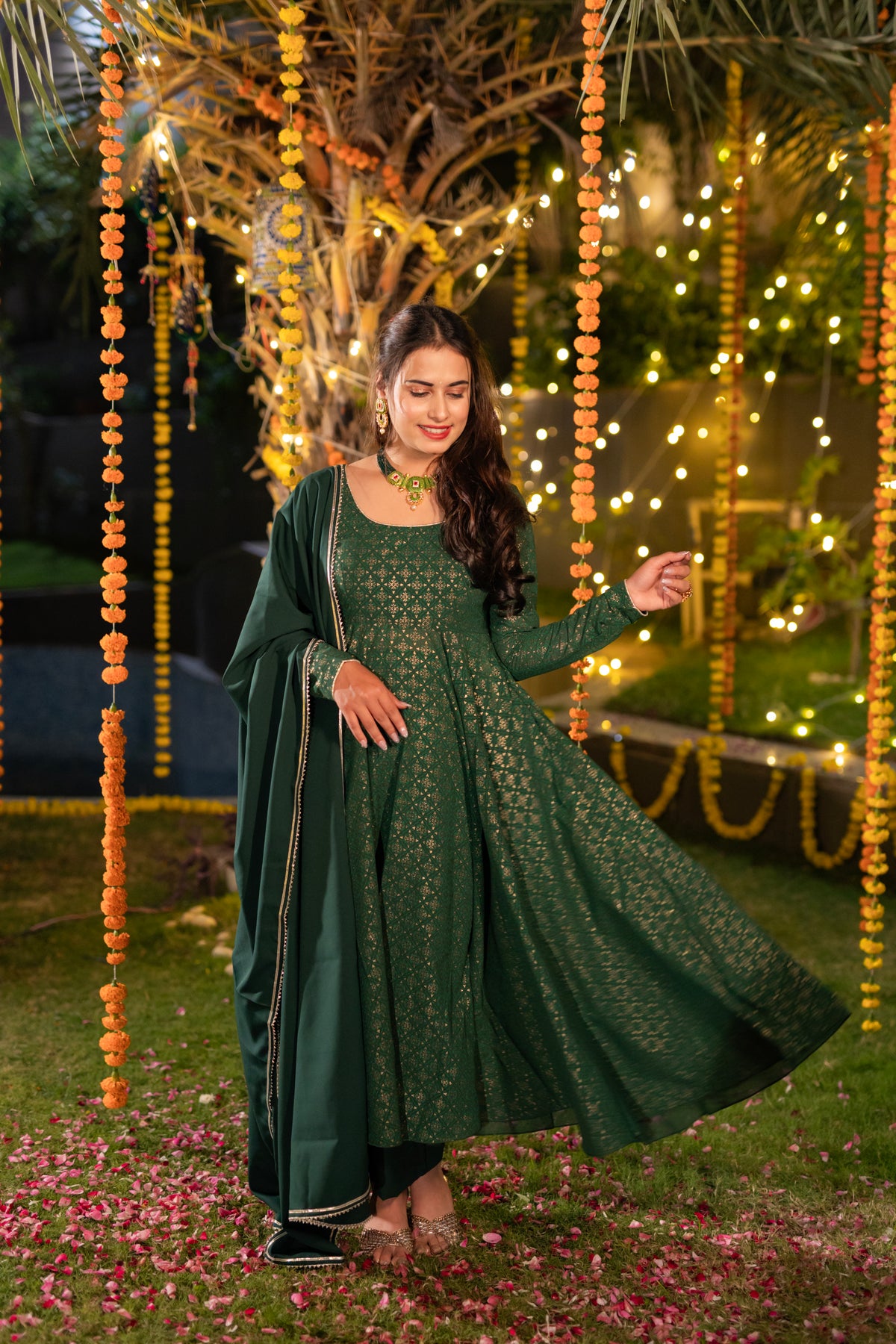 Dark Green Georgette Backless Suit Set