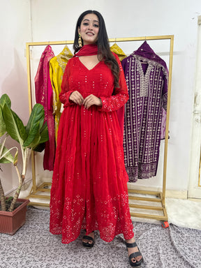 Sequin Work Red Anarkali Kurta Set