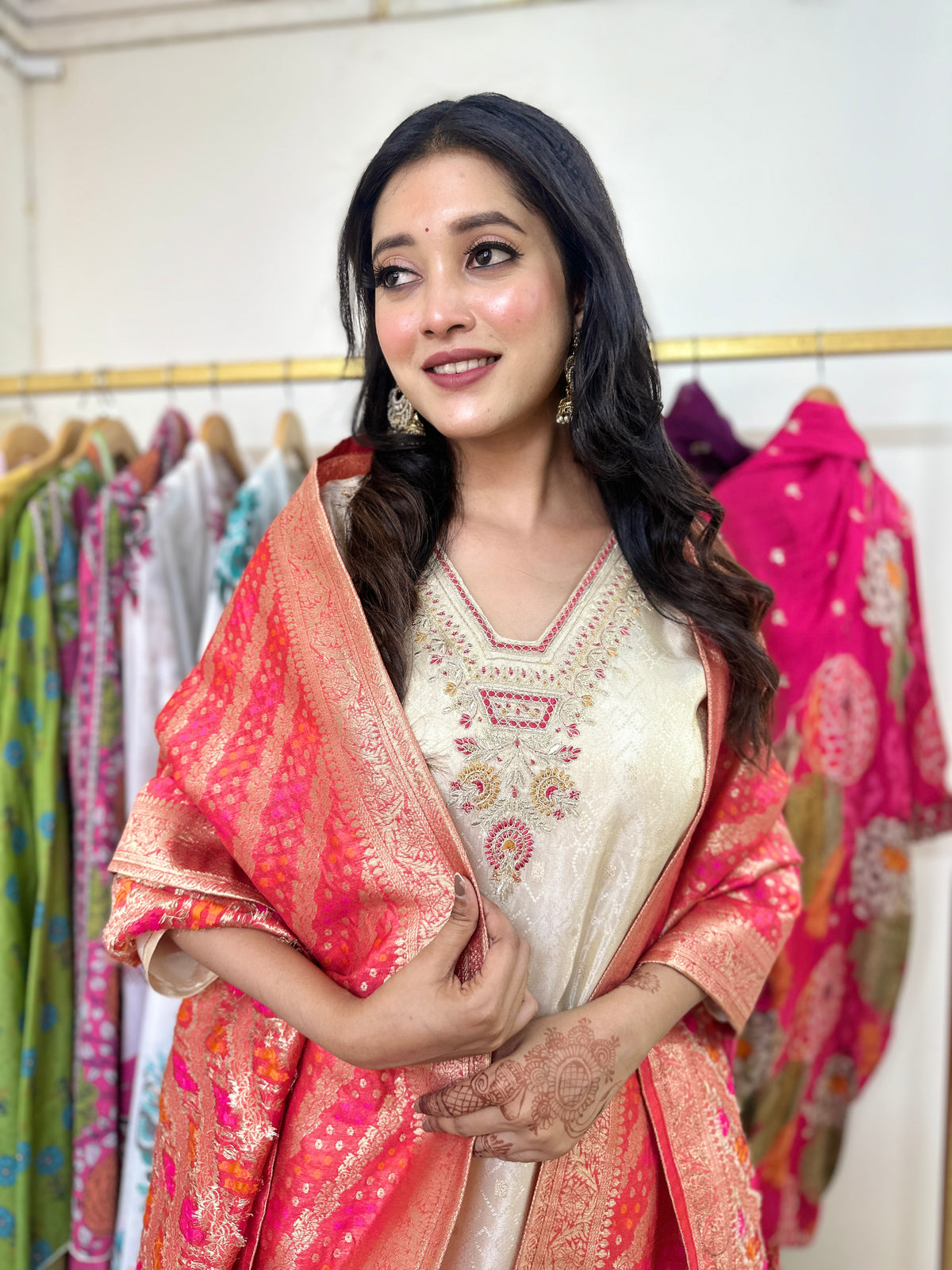 Shiny Beige Color Kurta Set with Red Dupatta