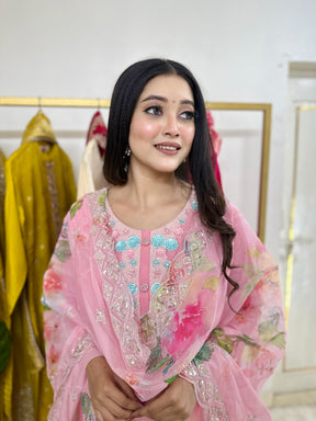Pink Blue Handwork Kurta Set