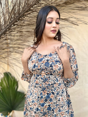 Beige Floral Printed Backless Midi Dress
