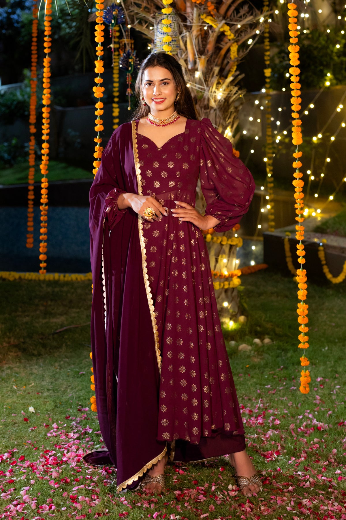 Purple Balloon Sleeves Suit Set