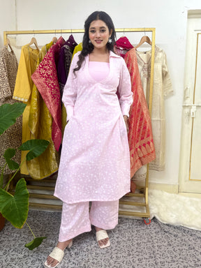 Pink Embroidered Cotton Printed 3 Piece Set