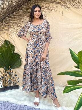 Beige Floral Printed Backless Midi Dress