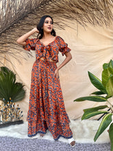 Orange Floral Printed Crop Top and Skirt Set