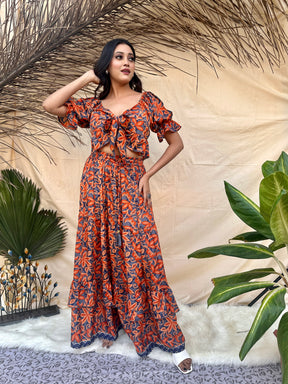 Orange Floral Printed Crop Top and Skirt Set