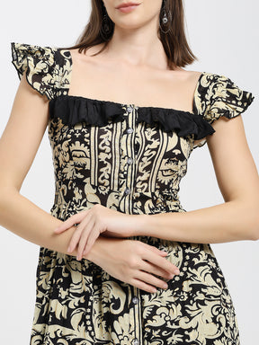 Baroque Print Midi Dress with Ruffle Sleeves & Slit