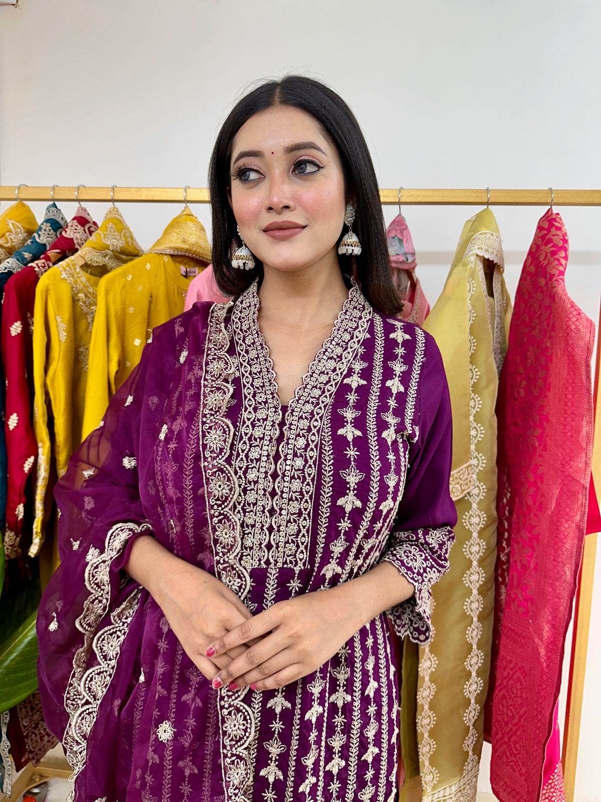 Purple Lace Work Kurta Set