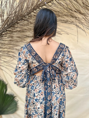 Beige Floral Printed Backless Midi Dress
