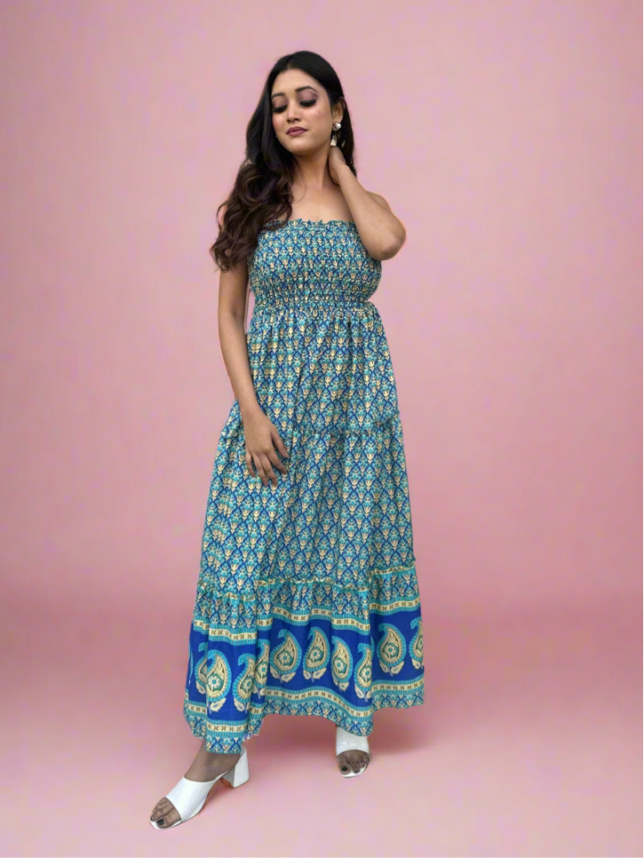 Blue Shoulder Less Boho Maxi Dress