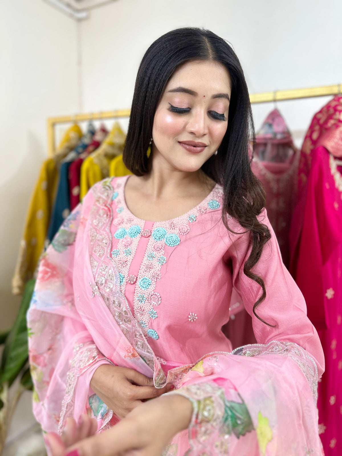 Pink Blue Handwork Kurta Set