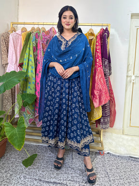 Blue Cotton Printed Anarkali Kurta Set