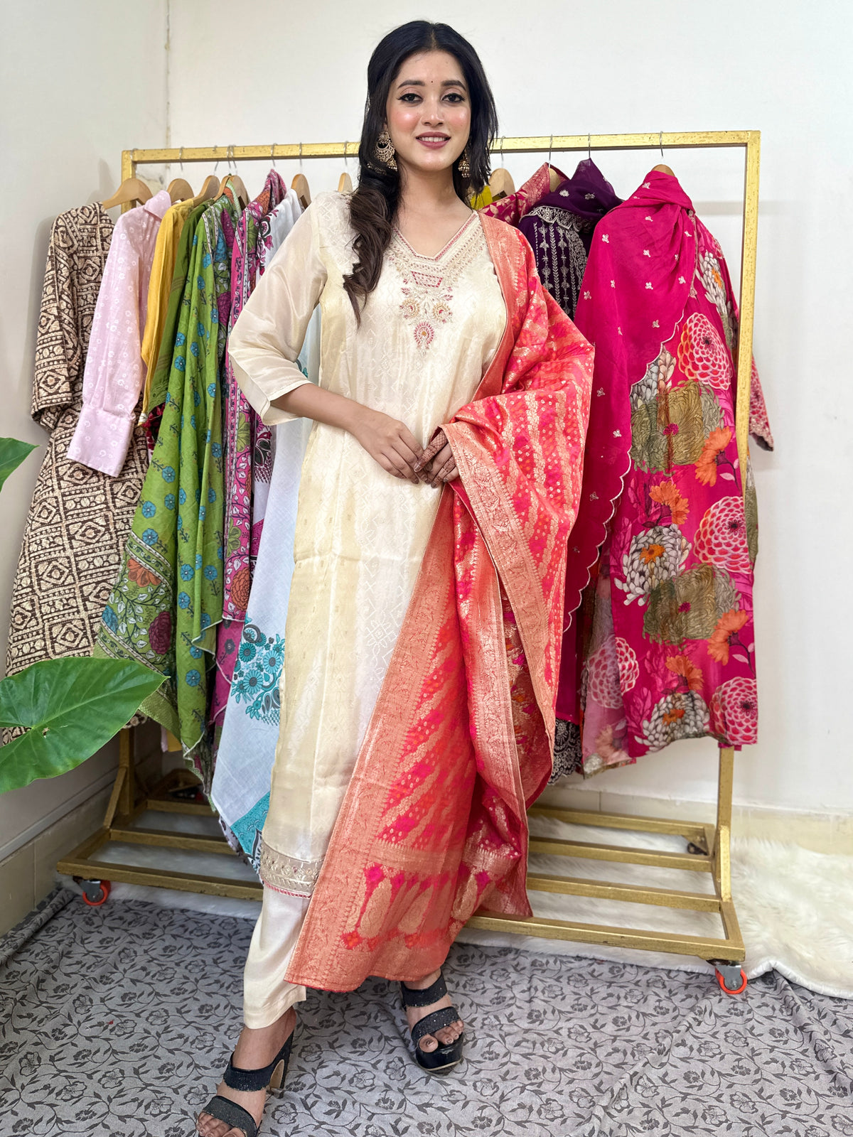 Shiny Beige Color Kurta Set with Red Dupatta