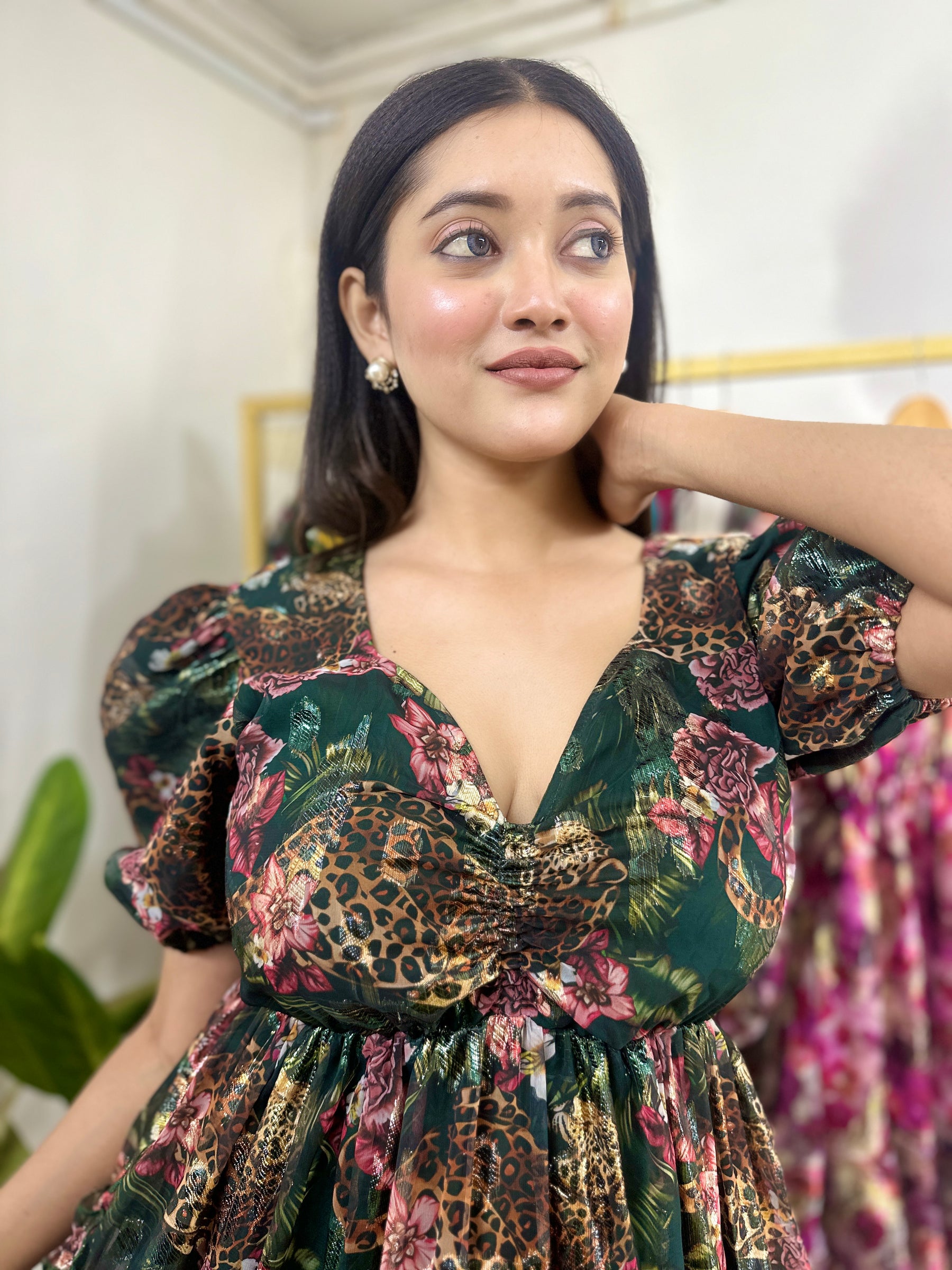 Green Tiger Printed Jacquard Fabric Short Dress Green Tiger Printed Jacquard Fabric Short Dress
