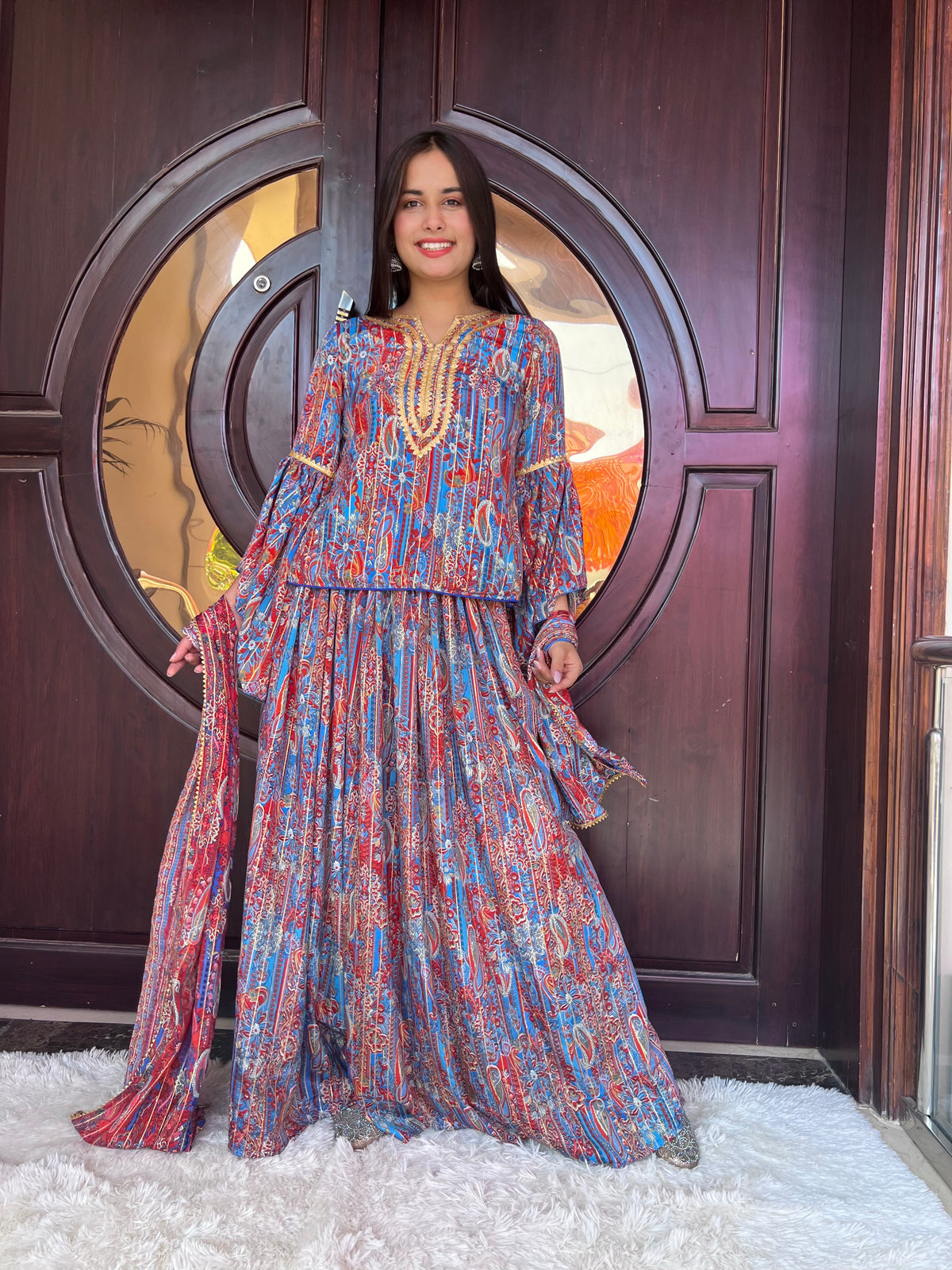 Red and Blue Ethnic Motifs Sharara Set
