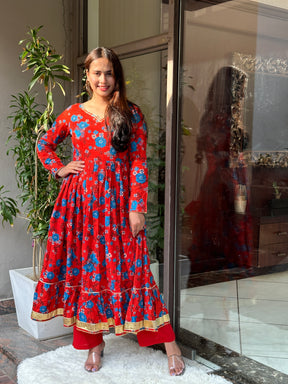 Red Floral Cotton Kurta Set