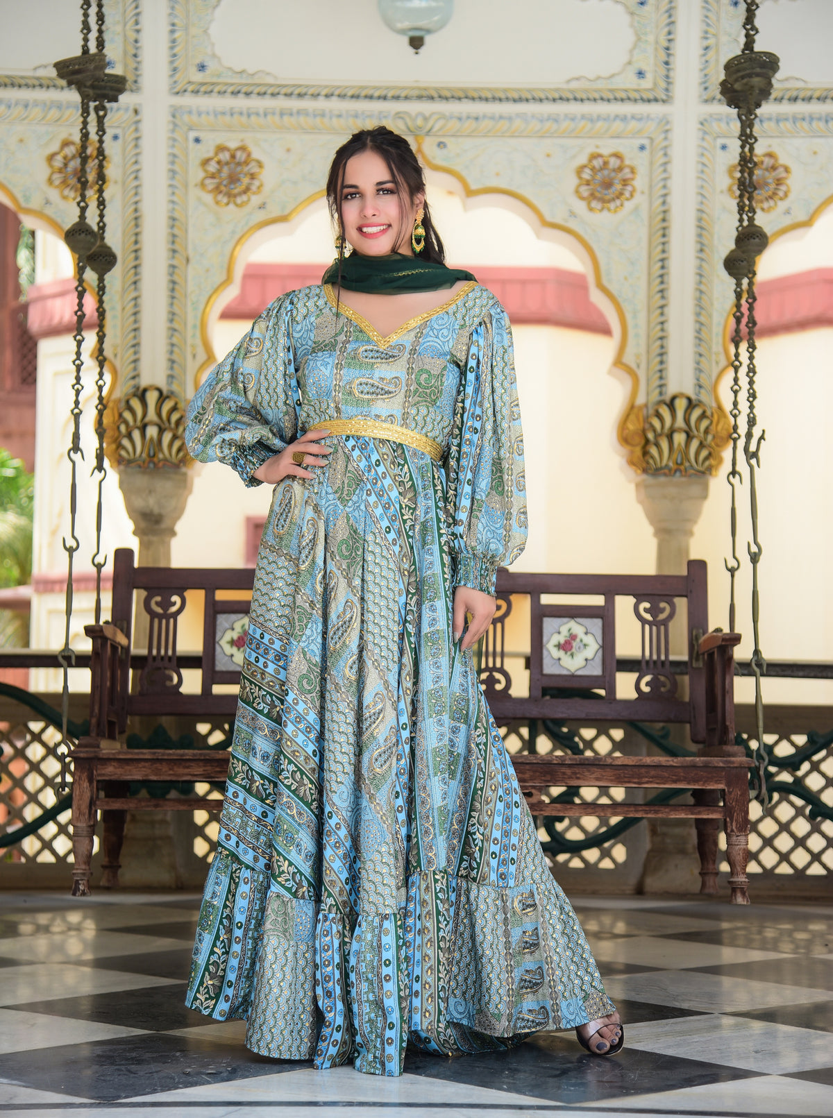 Deep V Back Green Blue Anarkali Kurta