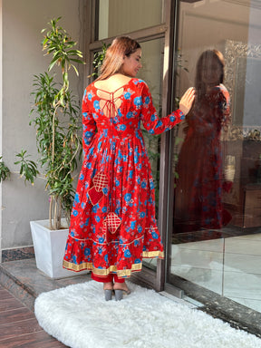 Red Floral Cotton Kurta Set